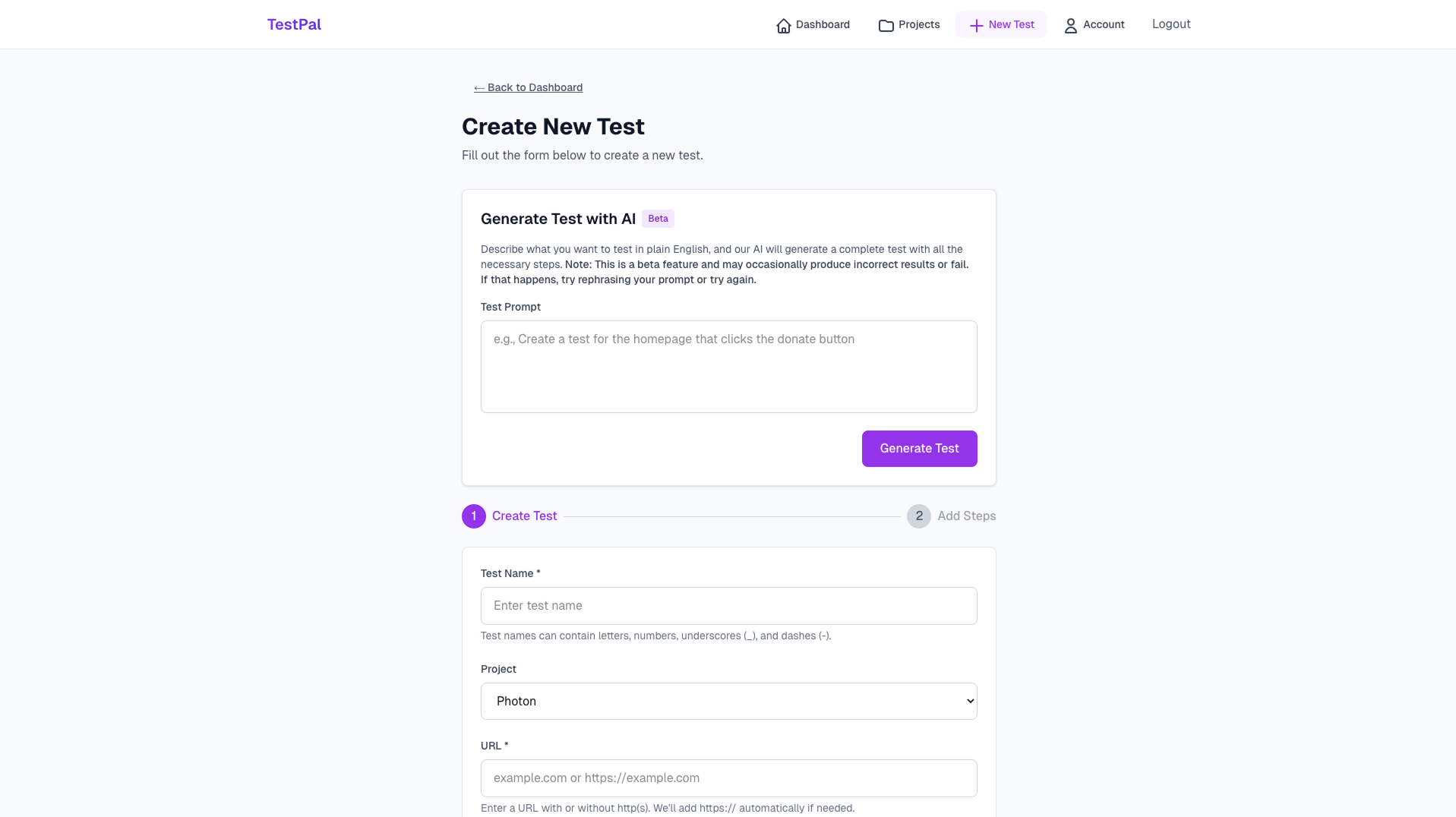 AI test creation interface showing prompt input and generated test steps