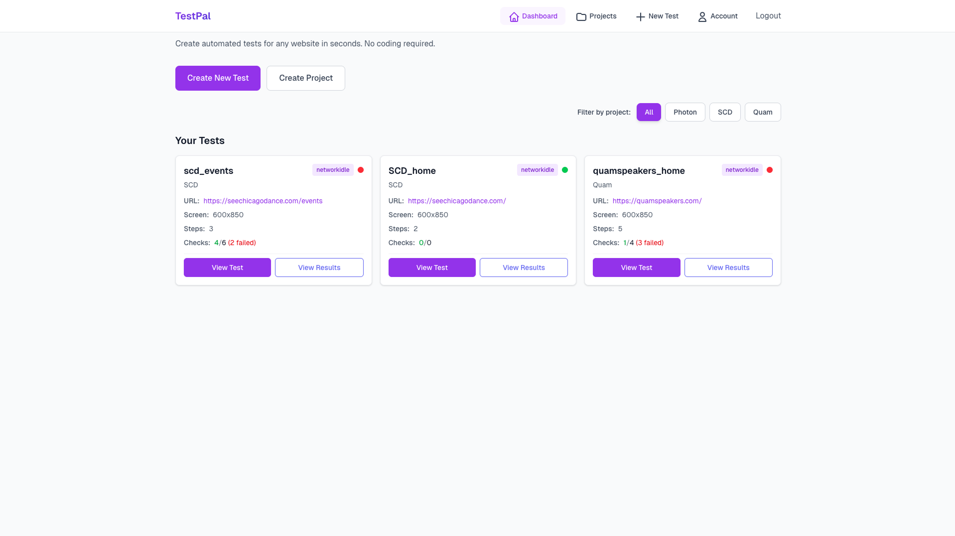 TestPal dashboard showing all tests with pass/fail status