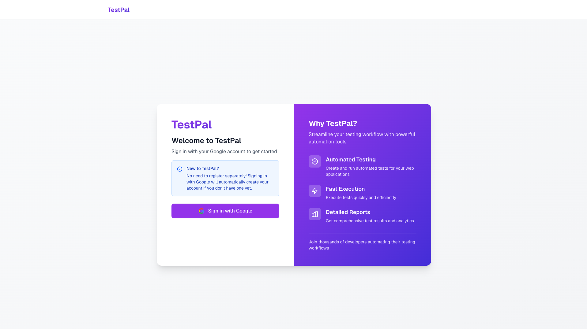 TestPal sign up page showing one-click authentication